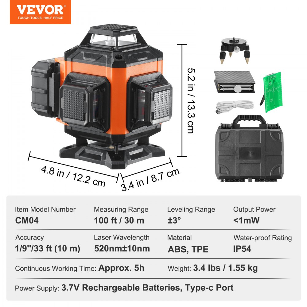 VEVOR Laser Level, 100ft, Self Leveling Manual Green 4 x 360° Cross 16 Line Laser, IP54 Waterproof Manual Self-leveling Mode & 5h Continuous Working Time Line Laser, Battery Include