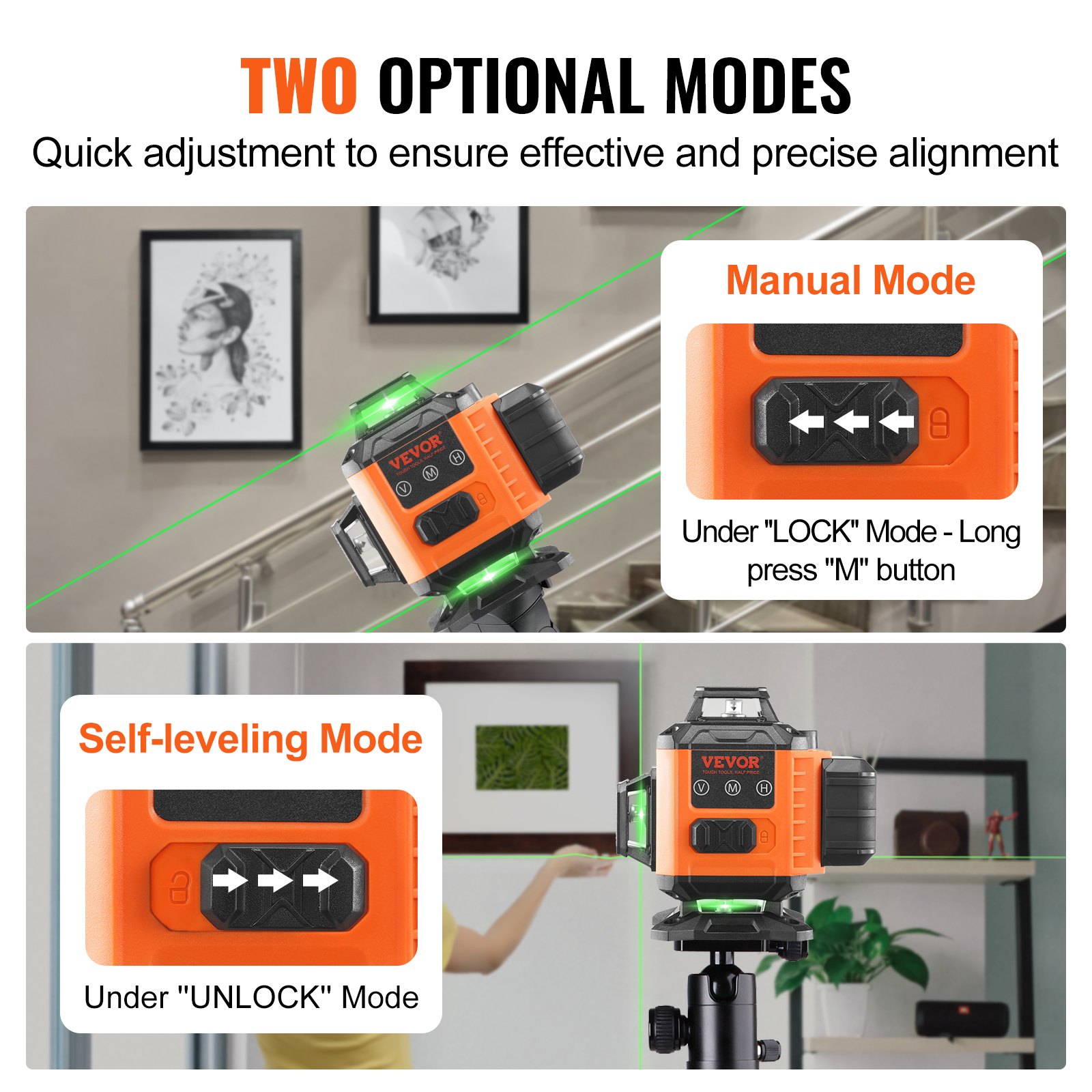 VEVOR Laser Level, 100ft, Self Leveling Manual Green 4 x 360° Cross 16 Line Laser, IP54 Waterproof Manual Self-leveling Mode & 5h Continuous Working Time Line Laser, Battery Include