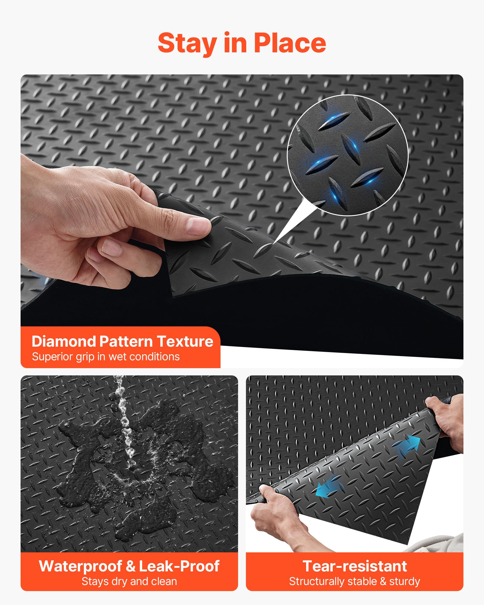 VEVOR Garage Floor Roll, 4 x 20 ft Garage Flooring Mat, 3 mm Thickened Rubber Diamond Plate Floor Protector Mat, Non-Slip, Wear-resist, Waterproof, Easy to Clean for Warehouse, Gyms,Trailer, Black