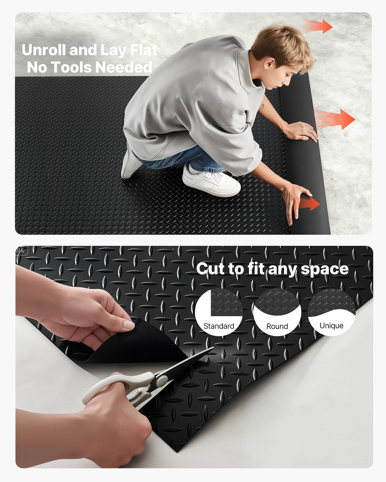 VEVOR Garage Floor Roll, 4 x 20 ft Garage Flooring Mat, 3 mm Thickened Rubber Diamond Plate Floor Protector Mat, Non-Slip, Wear-resist, Waterproof, Easy to Clean for Warehouse, Gyms,Trailer, Black