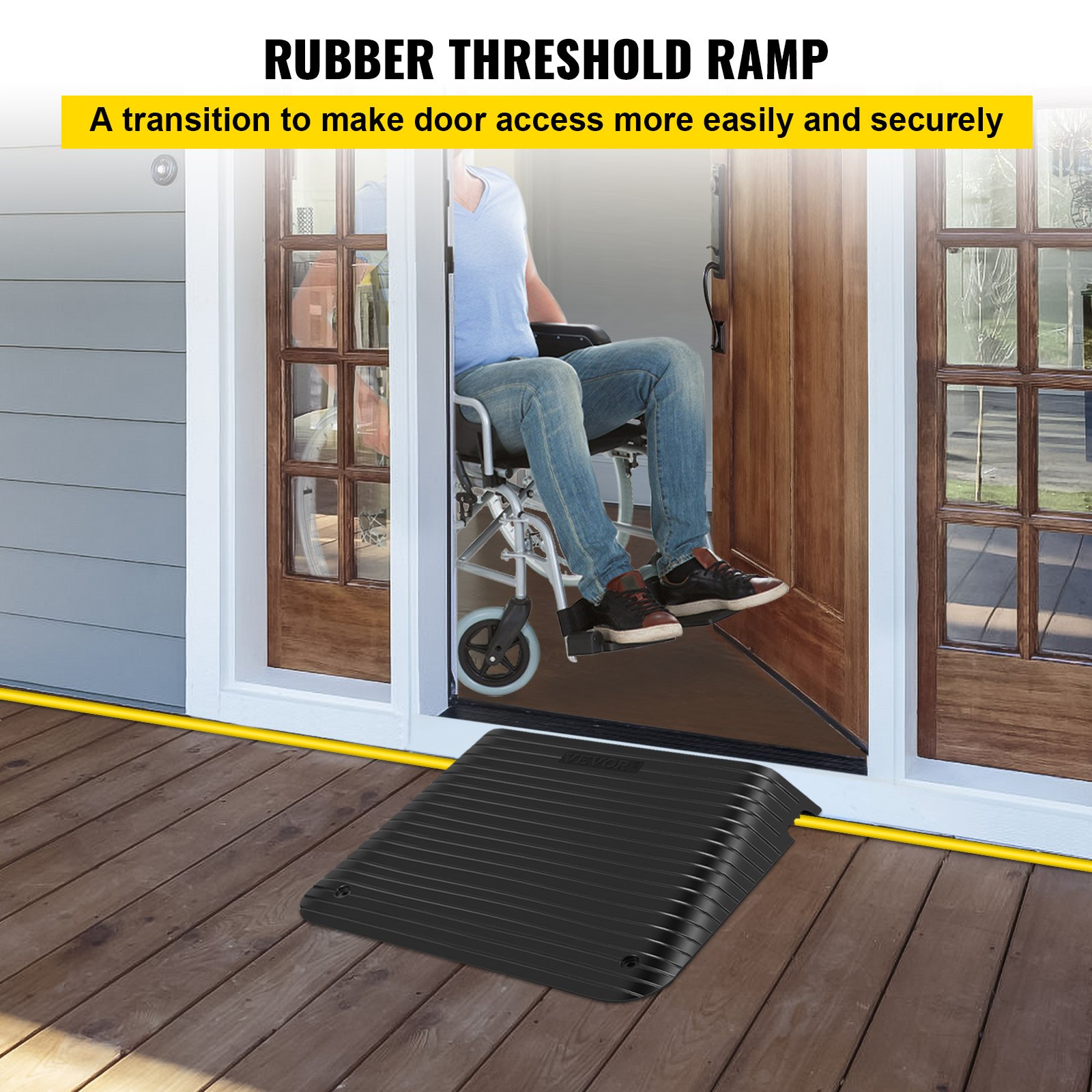 VEVOR Rubber Threshold Ramp, 4" Rise Doorway Ramp, 1 Pack with Channel Recycled Rubber Rated 3300 Lbs Load Capacity, Non-Slip Surface with Full Accessories for Wheelchair and Scooter