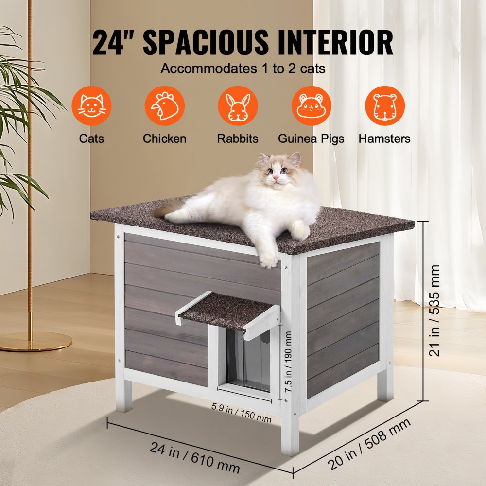 VEVOR Outdoor Cat House Weatherproof, Feral Cat Shelter for Multiple Cats, Outdoor Wooden Cat Rabbit House with All-Round Foam Insulated, Open Roof, PVC Door Flaps, 24"L x 20"W x 21"H