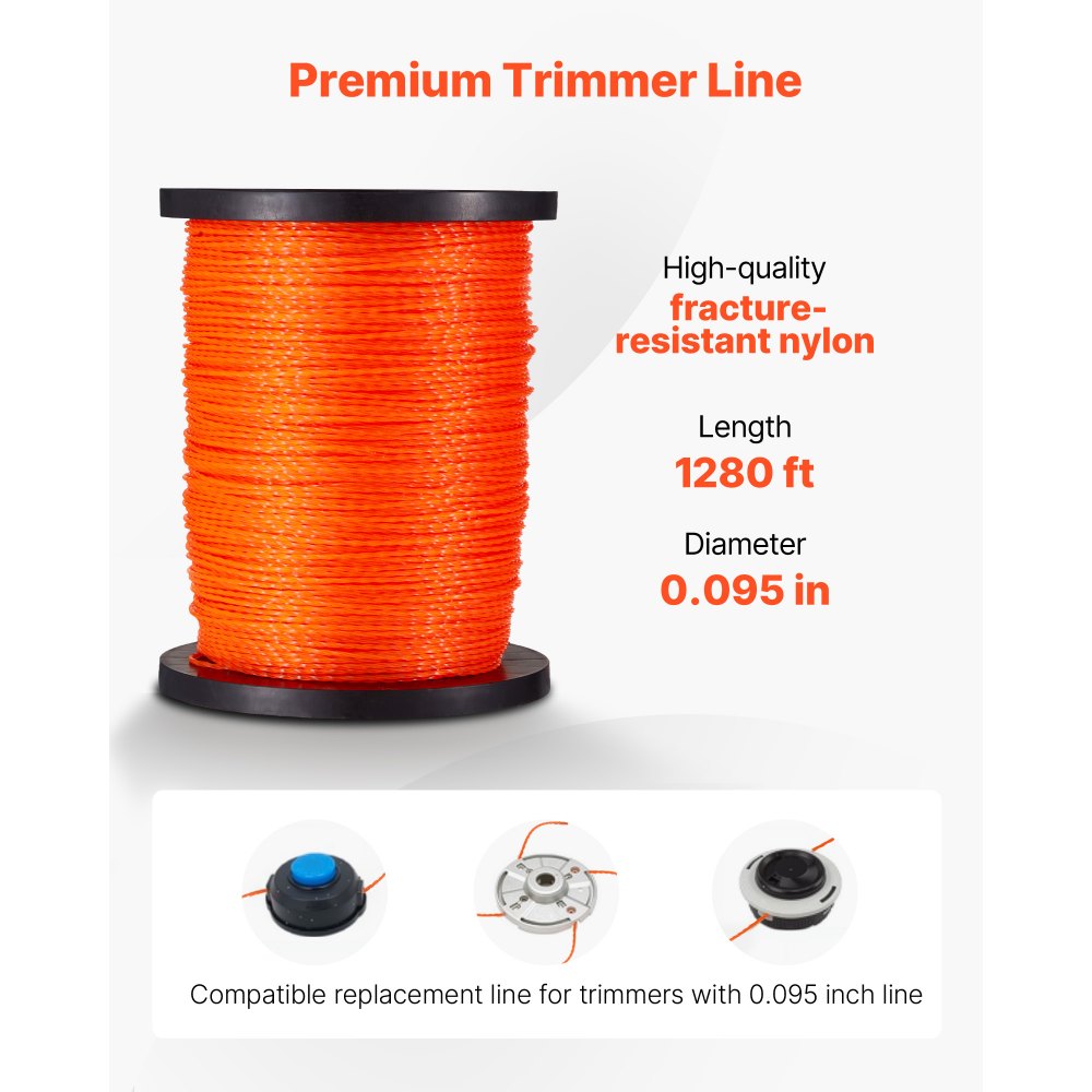 VEVOR 0.095 in 1280 ft String Trimmer Line, Orange Heavy Duty Weed Eater String, Premium Nylon Universal Replacement Trimmer Line Spool with Twisted Design, Suitable for Professional & Homeowner Use