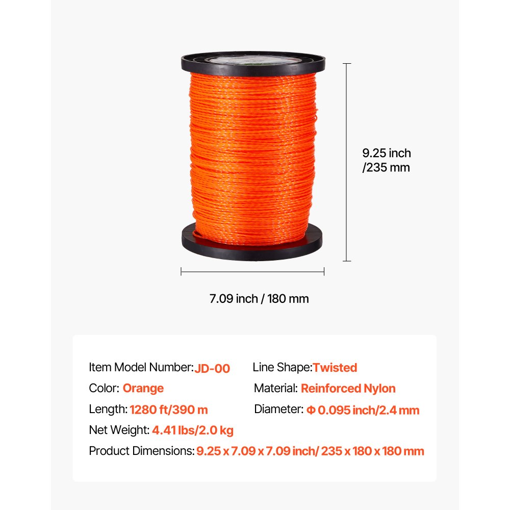 VEVOR 0.095 in 1280 ft String Trimmer Line, Orange Heavy Duty Weed Eater String, Premium Nylon Universal Replacement Trimmer Line Spool with Twisted Design, Suitable for Professional & Homeowner Use