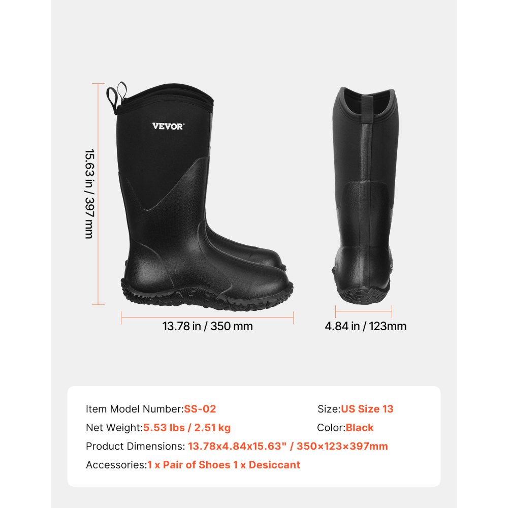 VEVOR Men's Rubber Boots, Protective Footwear, Waterproof Anti Slip Hunting Boots, Gardening Insulated Mud Boots, Protective Footwear, Lightweight & Durable, for Manufacturing, Farming, Size 13 US