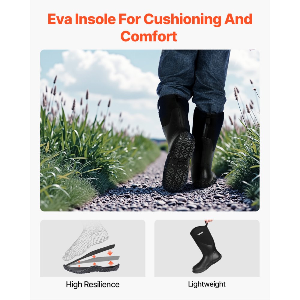 VEVOR Men's Rubber Boots, Protective Footwear, Waterproof Anti Slip Hunting Boots, Gardening Insulated Mud Boots, Protective Footwear, Lightweight & Durable, for Manufacturing, Farming, Size 9 US
