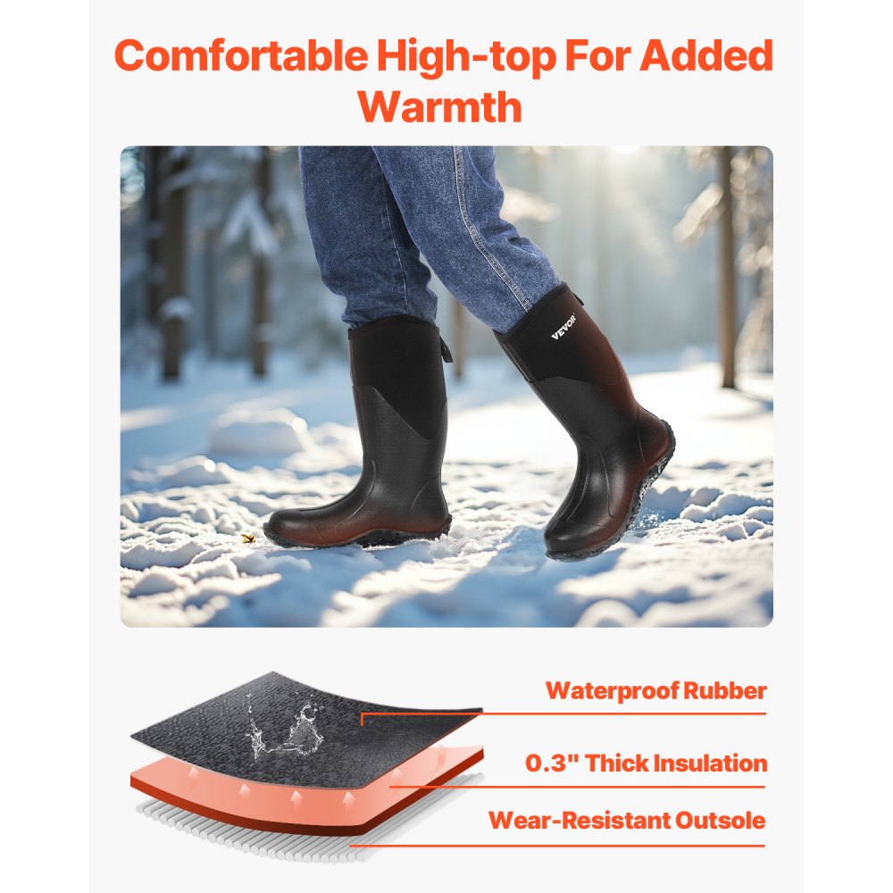 VEVOR Men's Rubber Boots, Protective Footwear, Waterproof Anti Slip Hunting Boots, Gardening Insulated Mud Boots, Protective Footwear, Lightweight & Durable, for Manufacturing, Farming, Size 9 US