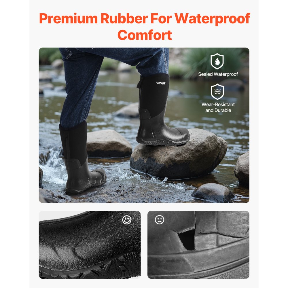 VEVOR Men's Steel Toe Rubber Boots, Protective Footwear, Waterproof Rain Fishing Boots, Outdoor Non-Slip Work Shoes, Lightweight and Durable, for Manufacturing, Construction, Farming, Size 12 US