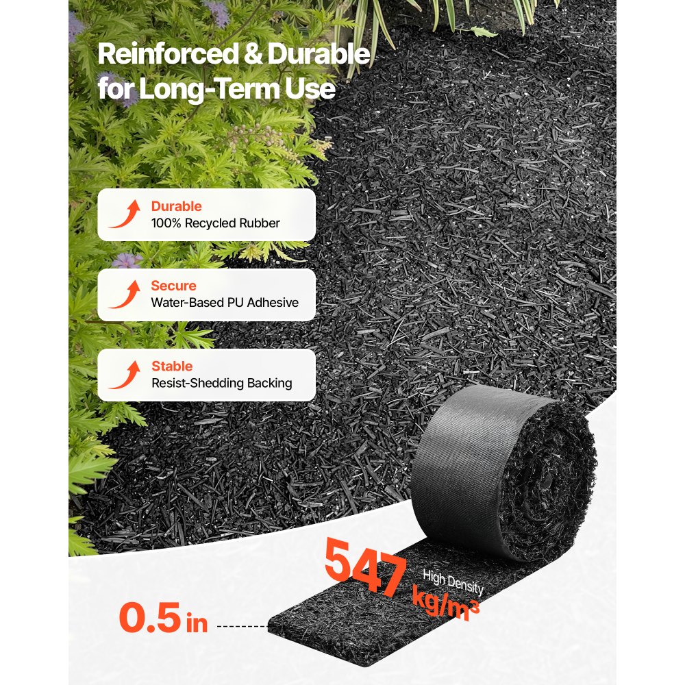 VEVOR Rubber Mulch Mat Roll, 2 Rolls 120 x 4.5 in, Recycled Rubber Permanent Mulch Edging Border, Natural-Looking Flower Barrier with Stakes, 0.5 in Thick Cuttable Garden Edgings for Landscaping