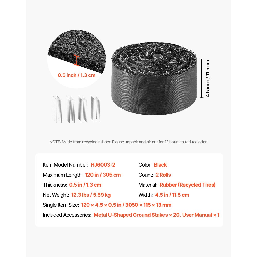 VEVOR Rubber Mulch Mat Roll, 2 Rolls 120 x 4.5 in, Recycled Rubber Permanent Mulch Edging Border, Natural-Looking Flower Barrier with Stakes, 0.5 in Thick Cuttable Garden Edgings for Landscaping