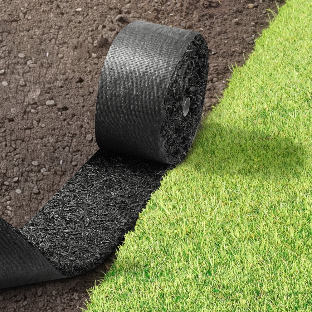 VEVOR Rubber Mulch Mat Roll, 2 Rolls 120 x 4.5 in, Recycled Rubber Permanent Mulch Edging Border, Natural-Looking Flower Barrier with Stakes, 0.5 in Thick Cuttable Garden Edgings for Landscaping