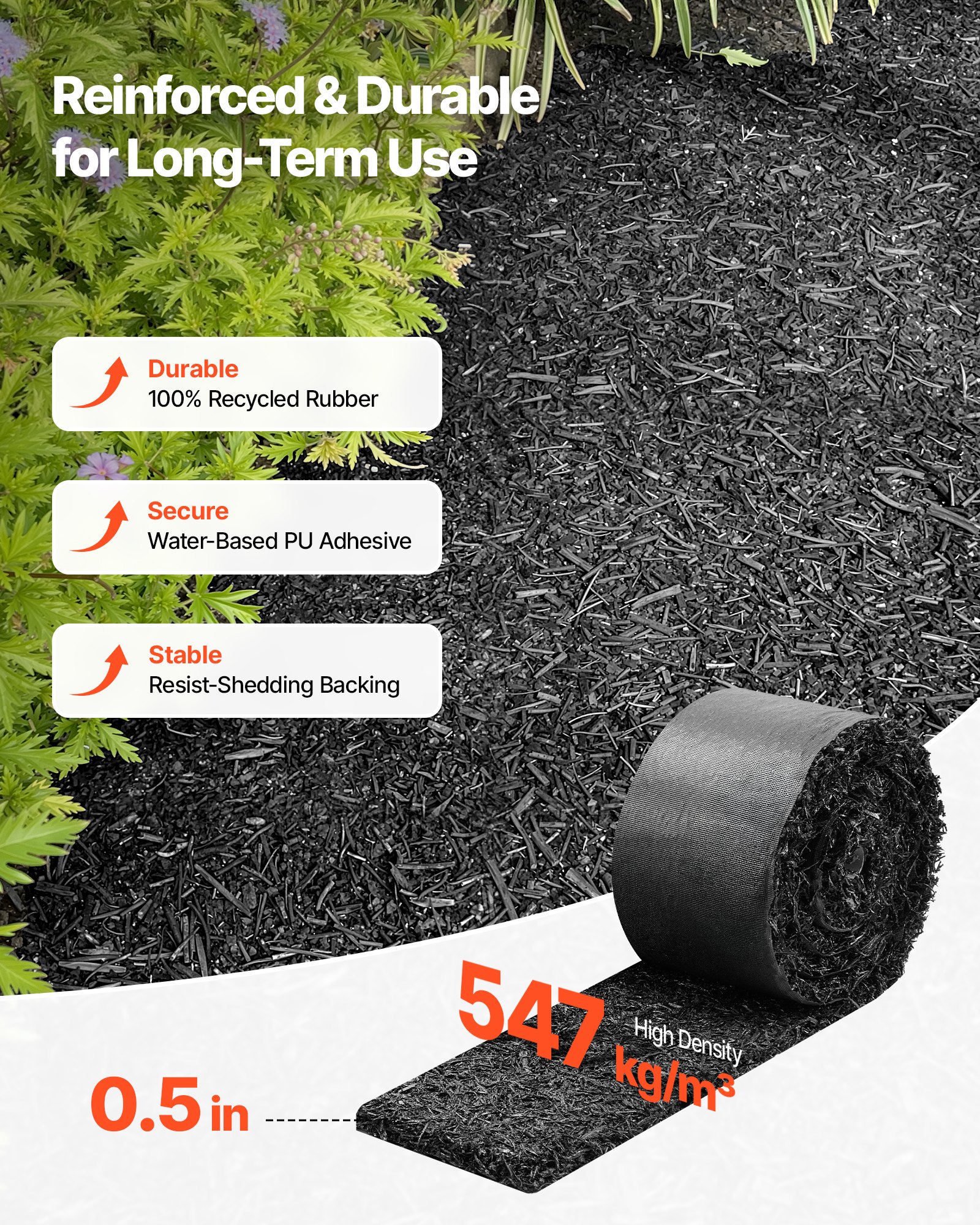 VEVOR Rubber Mulch Mat Roll, 2 Rolls 120 x 4.5 in, Recycled Rubber Permanent Mulch Edging Border, Natural-Looking Flower Barrier with Stakes, 0.5 in Thick Cuttable Garden Edgings for Landscaping