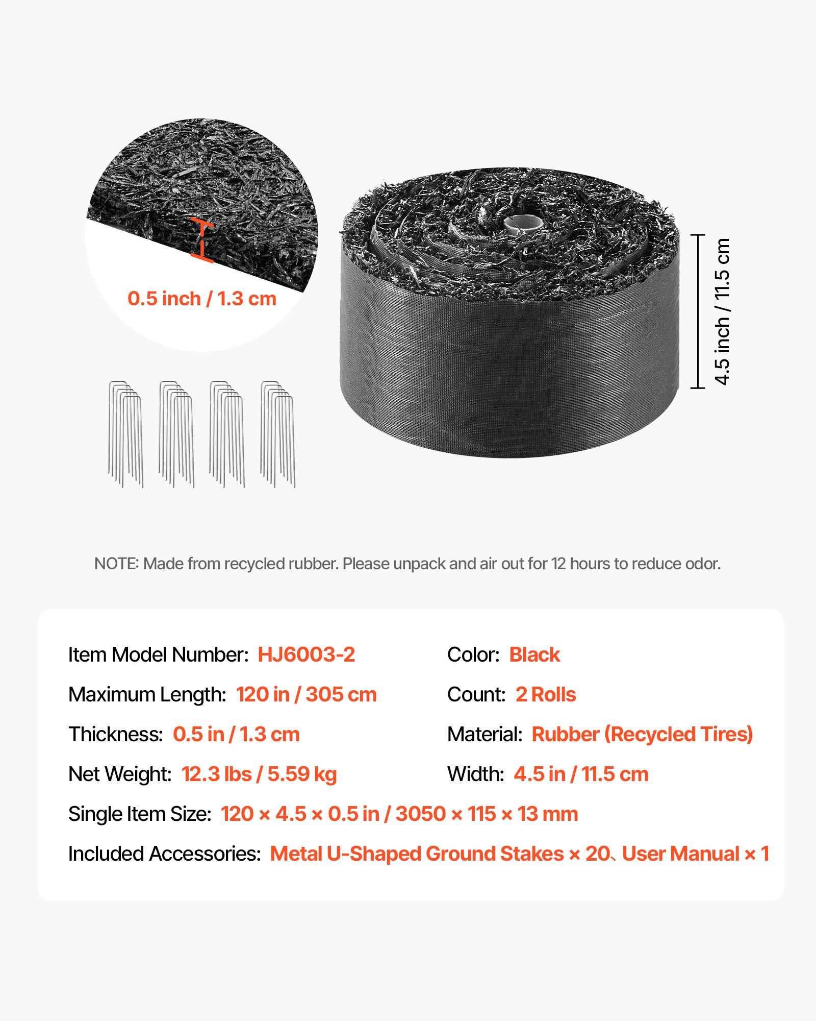 VEVOR Rubber Mulch Mat Roll, 2 Rolls 120 x 4.5 in, Recycled Rubber Permanent Mulch Edging Border, Natural-Looking Flower Barrier with Stakes, 0.5 in Thick Cuttable Garden Edgings for Landscaping