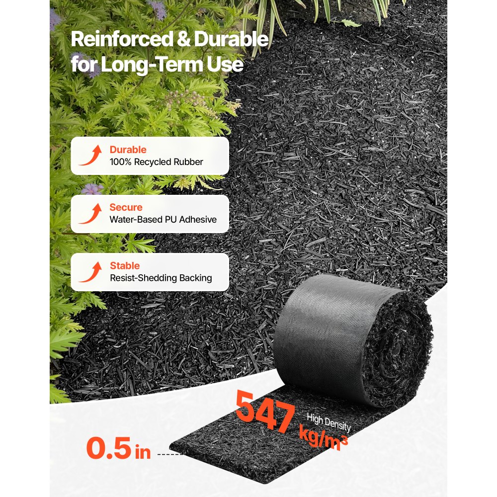 VEVOR Rubber Mulch Mat Roll, 356 x 14 cm, Recycled Rubber Permanent Mulch Edging Border, Natural-Looking Flower Barrier with Stakes, 0.5 in Thick Cuttable Garden Edgings for Landscaping