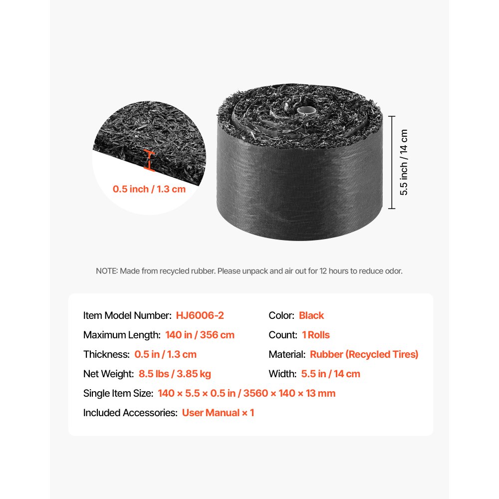 VEVOR Rubber Mulch Mat Roll, 356 x 14 cm, Recycled Rubber Permanent Mulch Edging Border, Natural-Looking Flower Barrier with Stakes, 0.5 in Thick Cuttable Garden Edgings for Landscaping