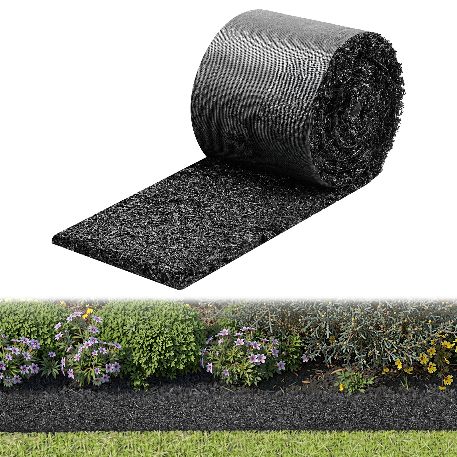 VEVOR Rubber Mulch Mat Roll, 356 x 14 cm, Recycled Rubber Permanent Mulch Edging Border, Natural-Looking Flower Barrier with Stakes, 0.5 in Thick Cuttable Garden Edgings for Landscaping