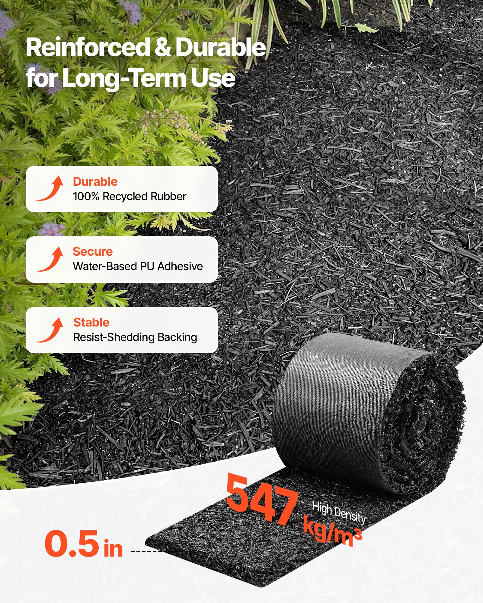 VEVOR Rubber Mulch Mat Roll, 356 x 14 cm, Recycled Rubber Permanent Mulch Edging Border, Natural-Looking Flower Barrier with Stakes, 0.5 in Thick Cuttable Garden Edgings for Landscaping