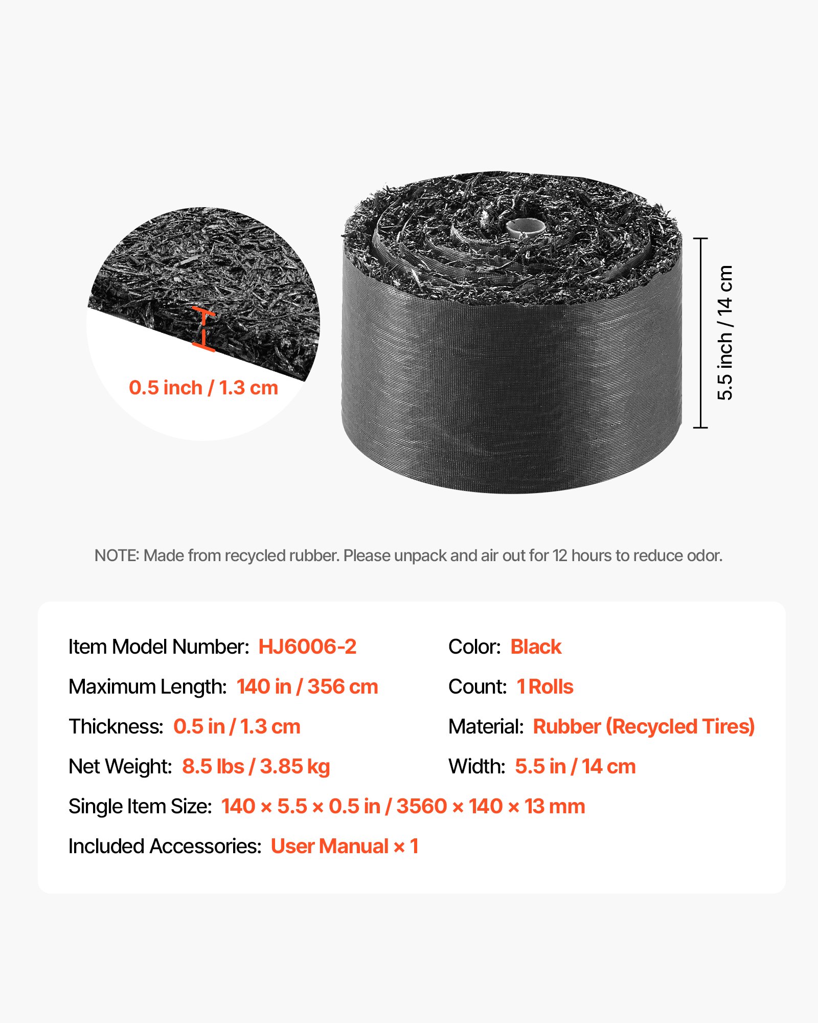 VEVOR Rubber Mulch Mat Roll, 356 x 14 cm, Recycled Rubber Permanent Mulch Edging Border, Natural-Looking Flower Barrier with Stakes, 0.5 in Thick Cuttable Garden Edgings for Landscaping