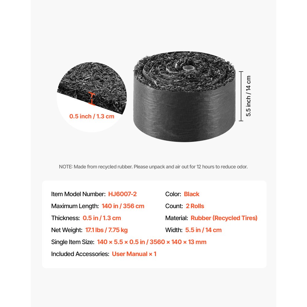 VEVOR Rubber Mulch Mat Roll, 2 Rolls 140 x 4.5 in, Recycled Rubber Permanent Mulch Edging Border, Natural-Looking Flower Barrier with Stakes, 0.5 in Thick Cuttable Garden Edgings for Landscaping