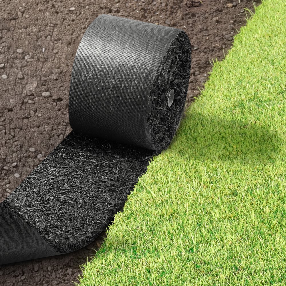 VEVOR Rubber Mulch Mat Roll, 2 Rolls 140 x 4.5 in, Recycled Rubber Permanent Mulch Edging Border, Natural-Looking Flower Barrier with Stakes, 0.5 in Thick Cuttable Garden Edgings for Landscaping