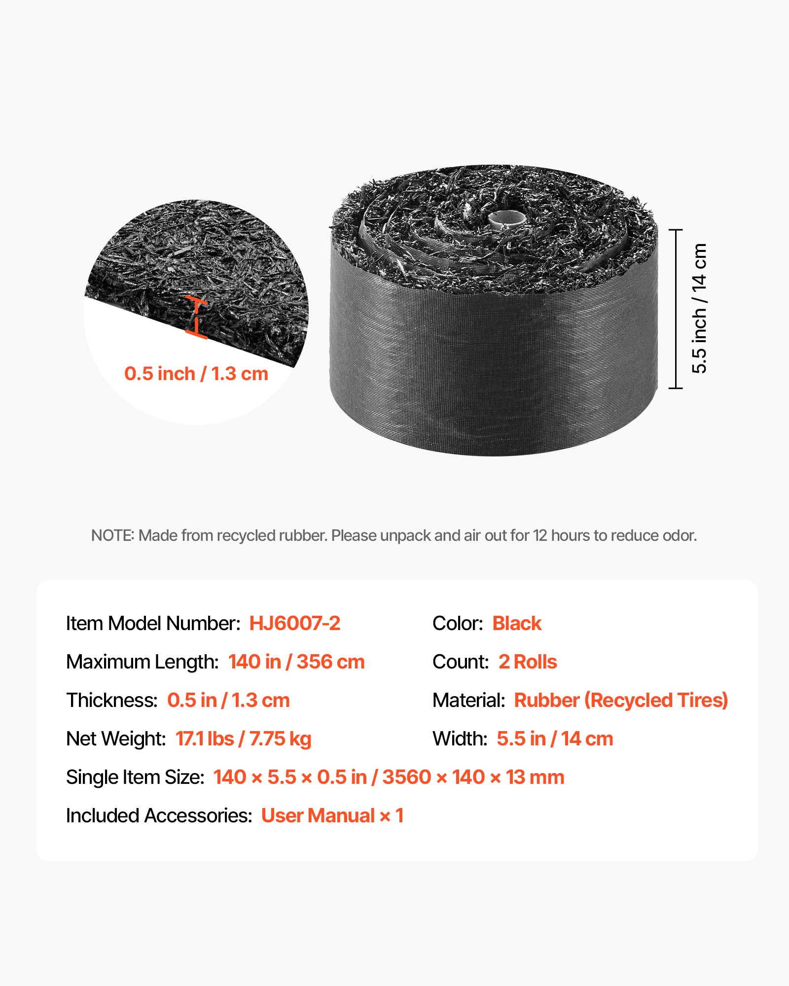 VEVOR Rubber Mulch Mat Roll, 2 Rolls 140 x 4.5 in, Recycled Rubber Permanent Mulch Edging Border, Natural-Looking Flower Barrier with Stakes, 0.5 in Thick Cuttable Garden Edgings for Landscaping