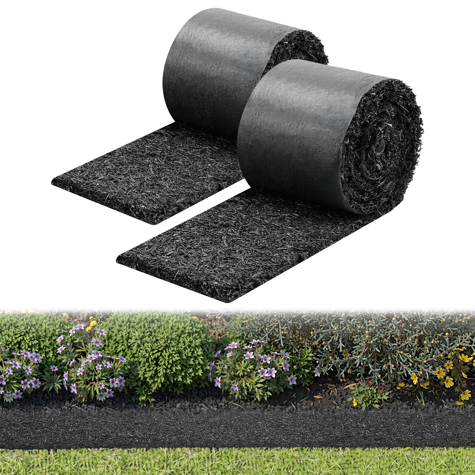 VEVOR Rubber Mulch Mat Roll, 2 Rolls 140 x 4.5 in, Recycled Rubber Permanent Mulch Edging Border, Natural-Looking Flower Barrier with Stakes, 0.5 in Thick Cuttable Garden Edgings for Landscaping