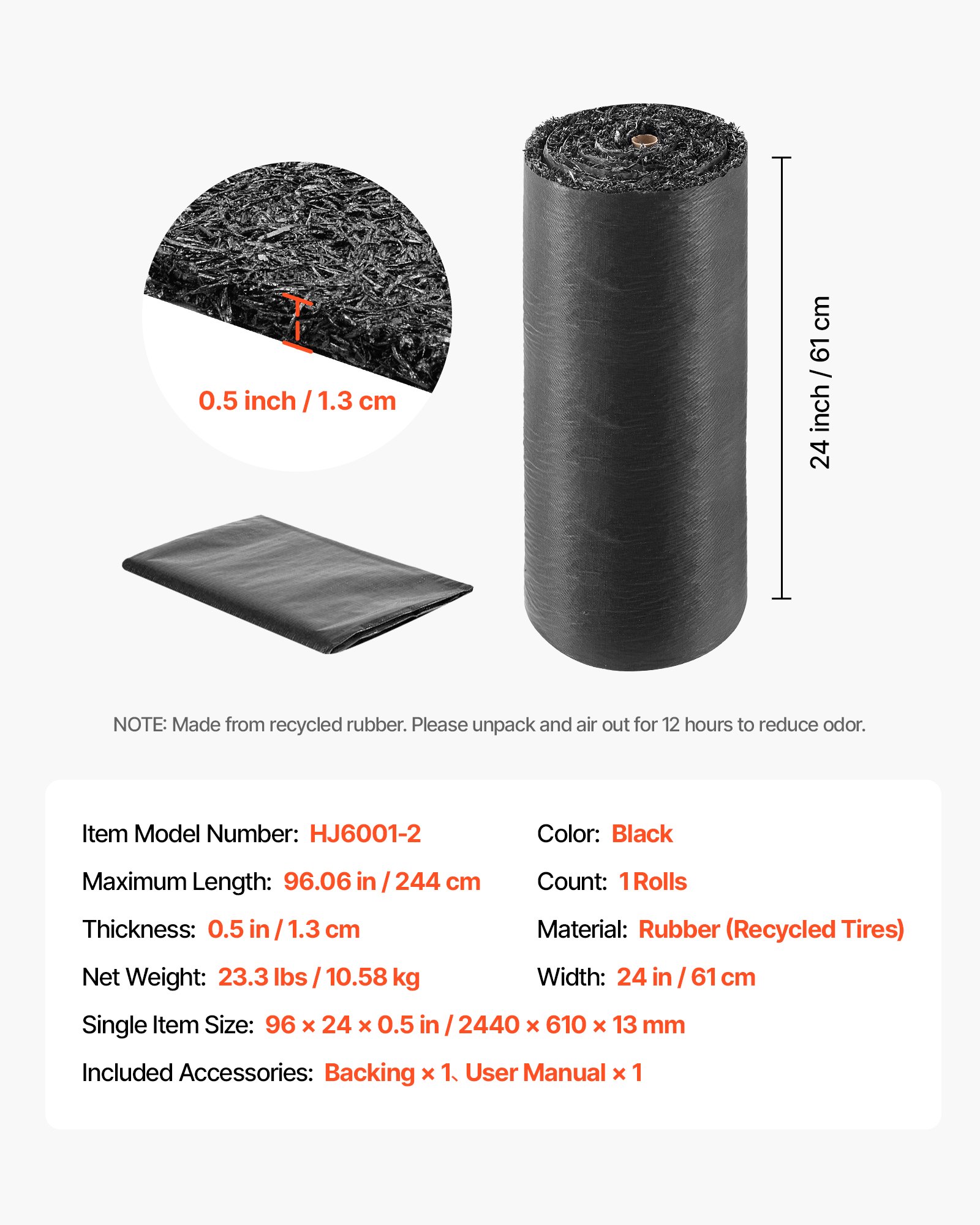 VEVOR Rubber Mulch Mat Roll, 244 x 61cm Recycled Rubber Mulch Mat, 0.5 Thick Cuttable, Reduced Weed Growth, Natural-Looking Weed Barrier Mat, Permanent Walkway Pathway for Landscaping