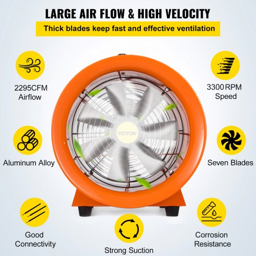 VEVOR Utility Blower Fan, 12 inch 0.7 HP Ventilation Fan, 2295 CFM 3300 RPM Portable Ventilator, Heavy-Duty High Velocity Cylinder Fan, New Style Stand Ventilator Fume Extractor, with 5M Duct Hose