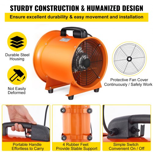 VEVOR Utility Blower Fan, 12 inch 0.7 HP Ventilation Fan, 2295 CFM 3300 RPM Portable Ventilator, Heavy-Duty High Velocity Cylinder Fan, New Style Stand Ventilator Fume Extractor, with 5M Duct Hose