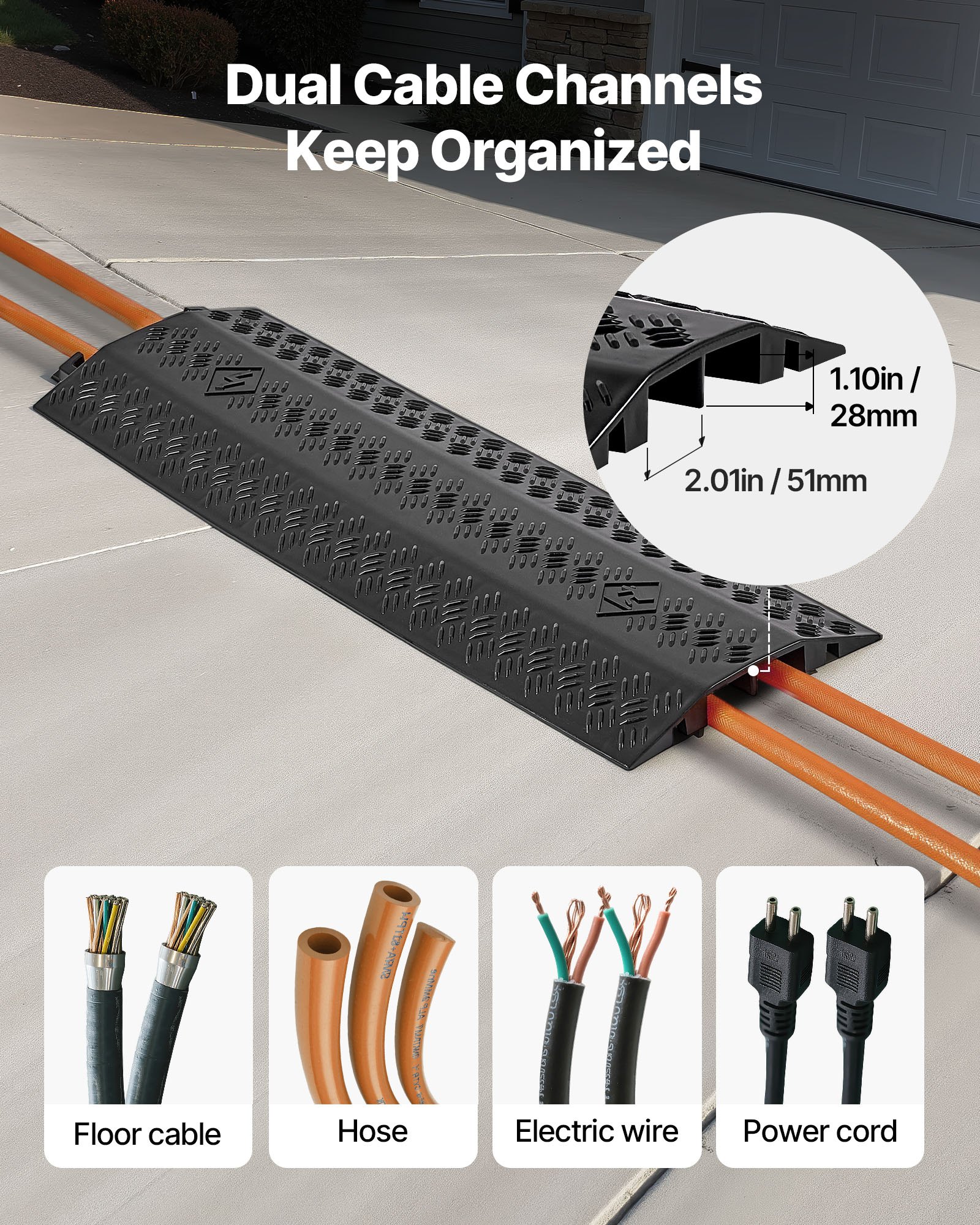 VEVOR Drop Over Cable Cover, 7,938 kg/Axle Load Capacity, Heavy Duty Cable Hose Protector Ramp, Floor Cord Cover, for High Walking Traffic Areas, Indoor, Outdoor, Home, Office, Warehouse, 3 Pack