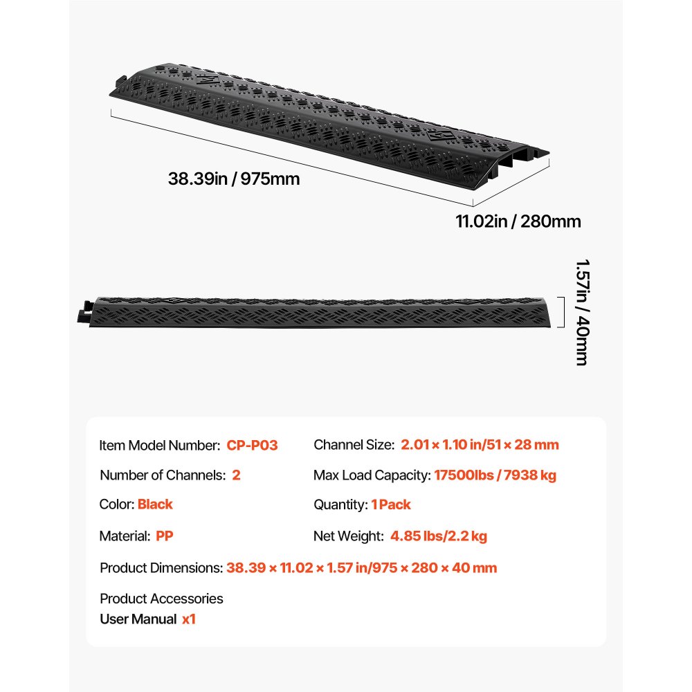 VEVOR Drop Over Cable Cover, 7,938 kg/Axle Load Capacity, Heavy Duty Cable Hose Protector Ramp, Floor Cord Cover, for High Walking Traffic Areas, Indoor, Outdoor, Home, Office, Warehouse, 1 Pack