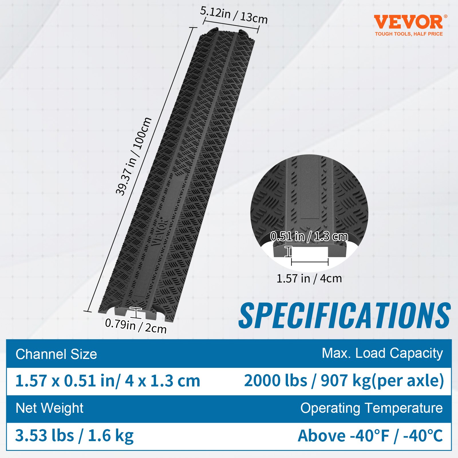 VEVOR speed bump dimensions, load capacity 2000 lbs per axle, 1.57 x 0.51 in channel size.