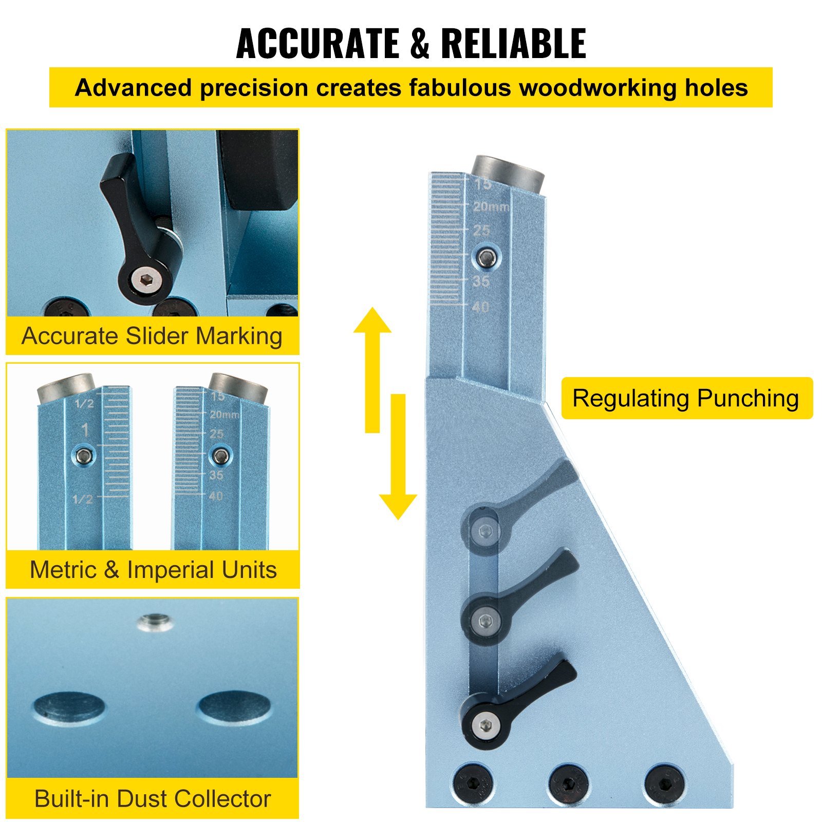 VEVOR pocket hole jig kit showcasing precision markings and regulation functions.