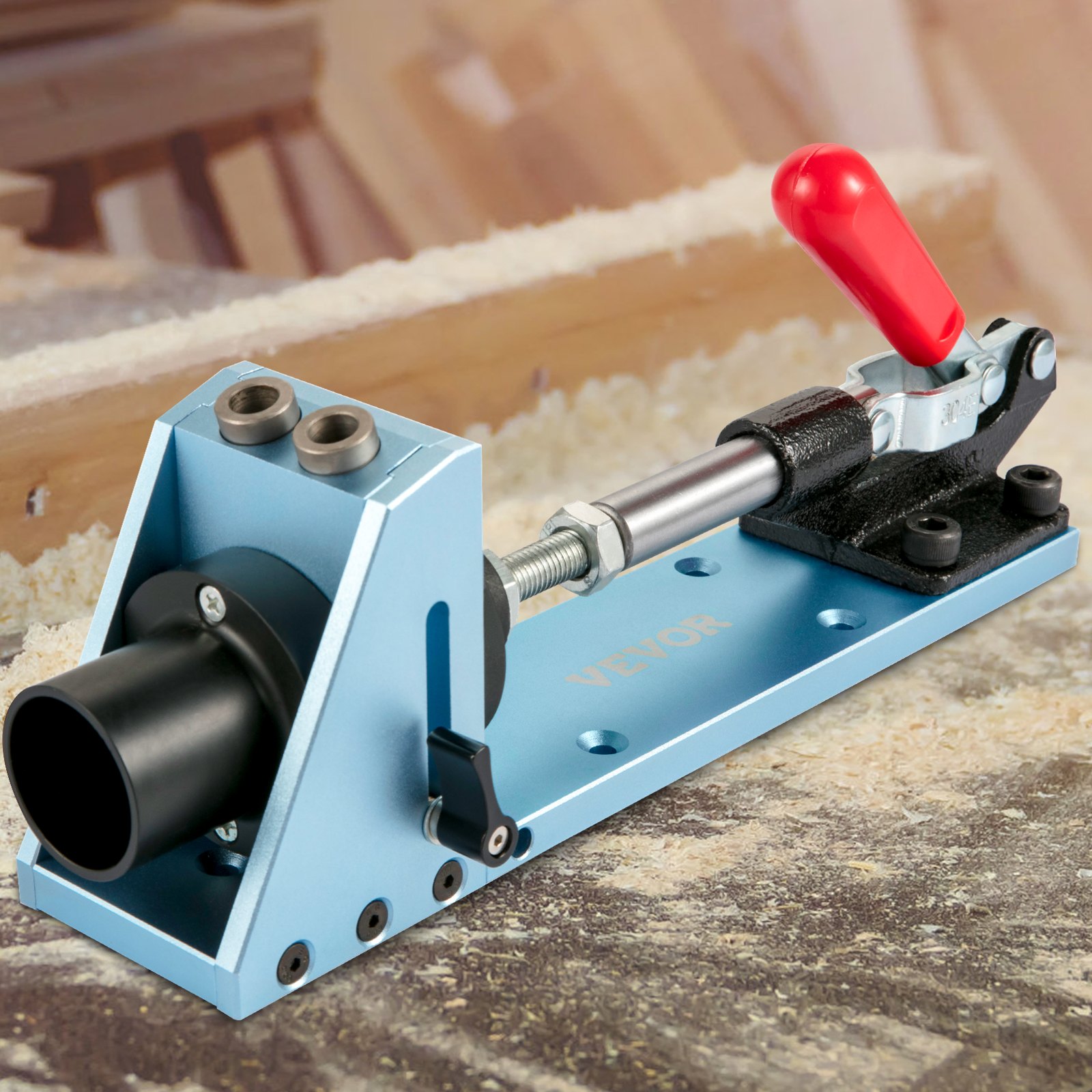 VEVOR pocket hole jig kit with red handle on a woodworking bench.