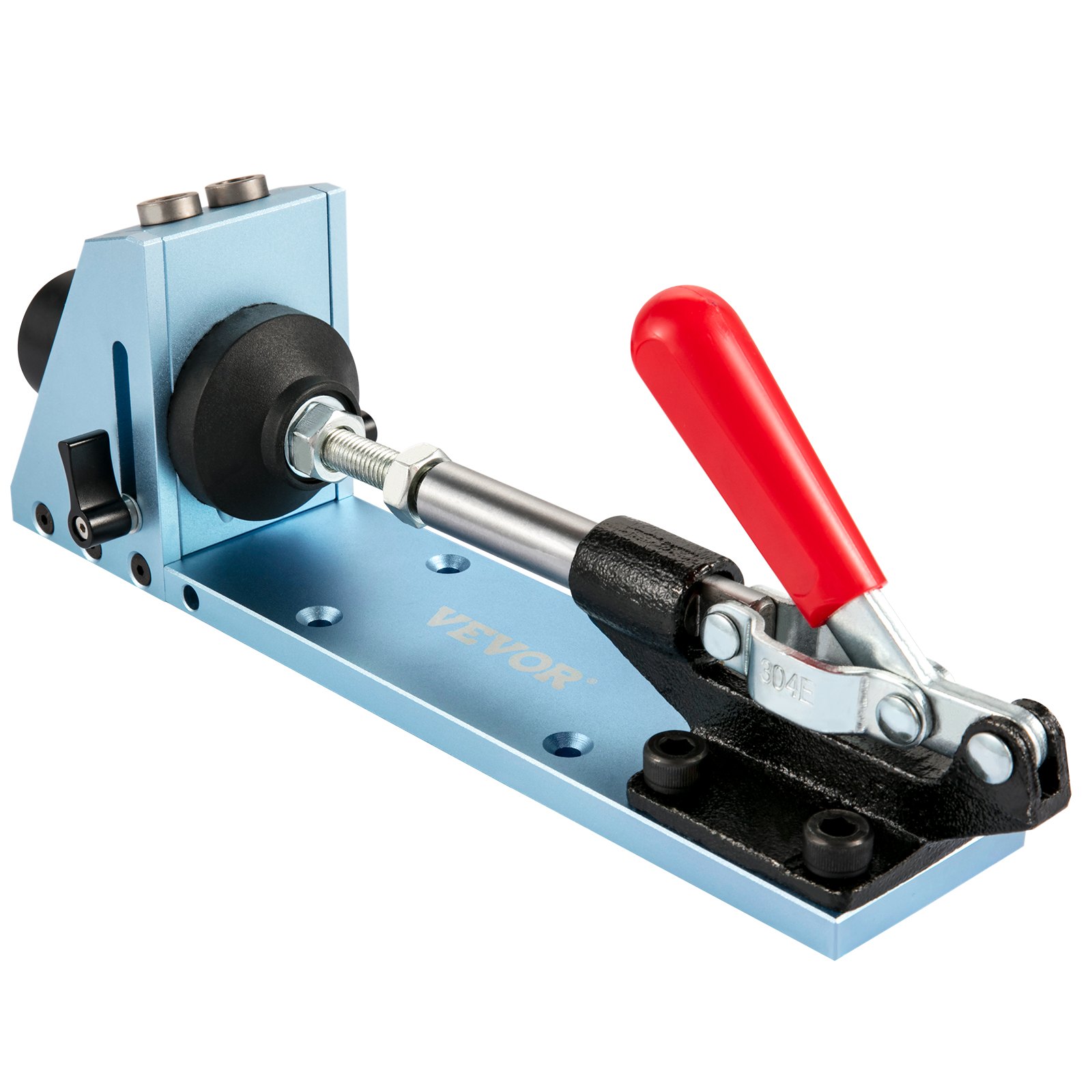 VEVOR pocket hole jig kit with red handle on a blue base.