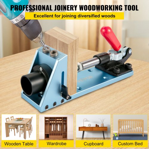 VEVOR Pocket Hole Jig Kit, Aluminum Punch Locator, Adjustable & Easy to Use Joinery Woodworking System, Guides Joint Angle w/Extension Rod Clamping Pliers 200PCS Screws for DIY Carpentry Projects