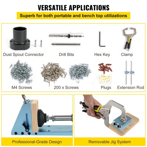 VEVOR Pocket Hole Jig Kit, Aluminum Punch Locator, Adjustable & Easy to Use Joinery Woodworking System, Guides Joint Angle w/Extension Rod Clamping Pliers 200PCS Screws for DIY Carpentry Projects