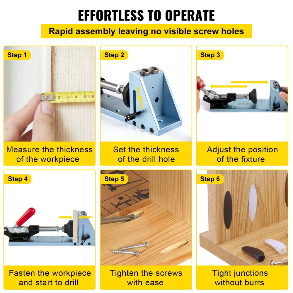 VEVOR Pocket Hole Jig Kit, Aluminum Punch Locator, Adjustable & Easy to Use Joinery Woodworking System, Guides Joint Angle w/Extension Rod Clamping Pliers 200PCS Screws for DIY Carpentry Projects