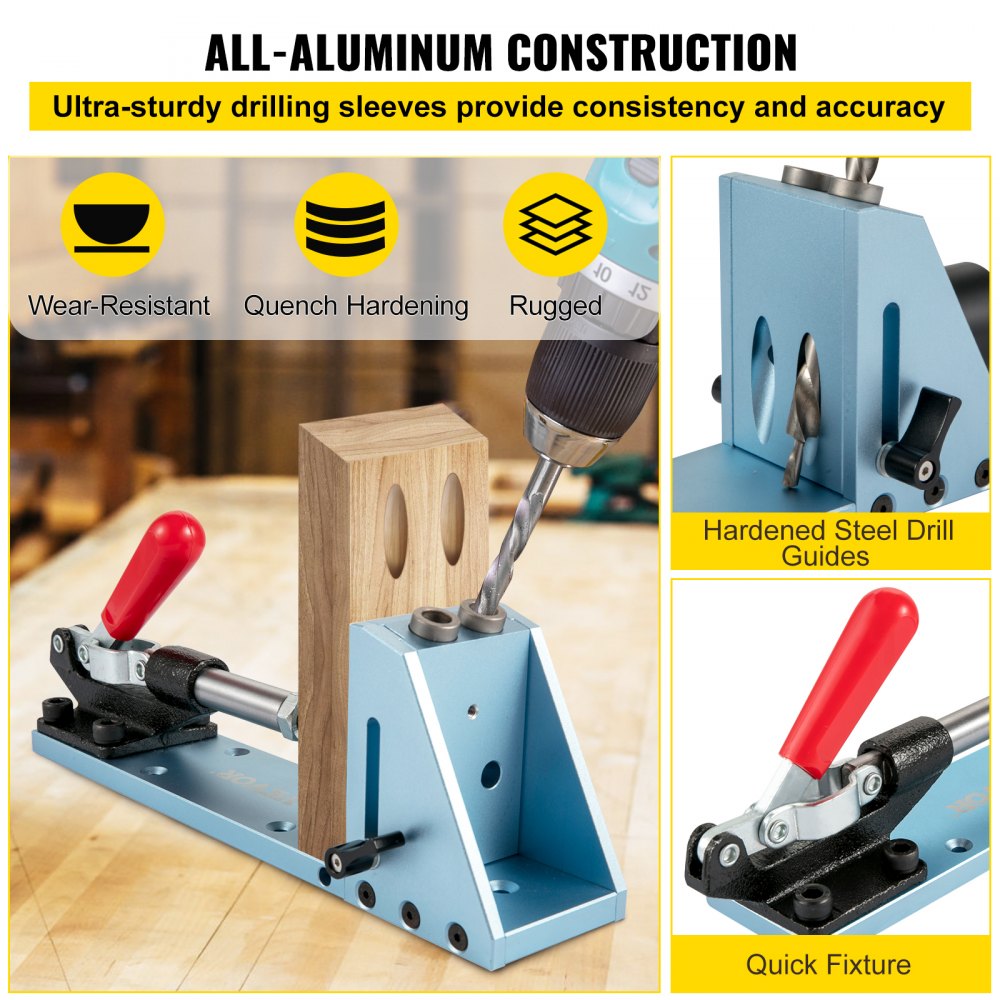 VEVOR Pocket Hole Jig Kit, Aluminum Punch Locator, Adjustable & Easy to Use Joinery Woodworking System, Guides Joint Angle w/Extension Rod Clamping Pliers 200PCS Screws for DIY Carpentry Projects