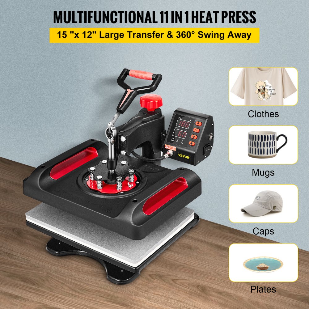 VEVOR Heat Press Machine - 8 in 1 Heat Press Sublimation Machine for DIY T-Shirts/Hats/Mugs/Heat Transfer Projects, 12x15 Mult