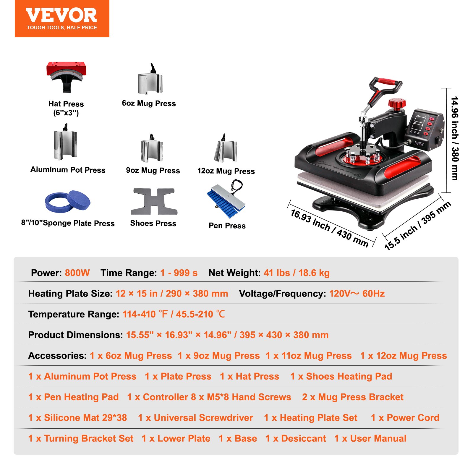 VEVOR 11 in 1 Heat Press, 12 x 15 Inch, Multifunctional Clamshell Printer, Digital Dual-Tube Heat Press Transfer Machine, Swing Away Sublimation Machine for T-Shirt Hat Cap Mug Plate Pen Shoes Black