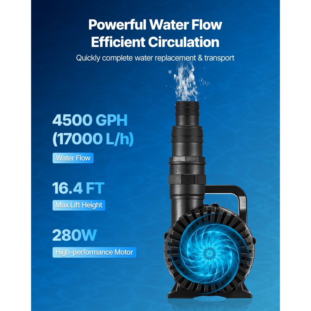VEVOR Submersible Water Pump, 280W 4500GPH, Aquarium Return Pump with 16.4 ft Lift Height & 180° Adjustable Flow Direction, Suitable for Pond, Aquarium, Fountain, Waterfall, and Fish Tank