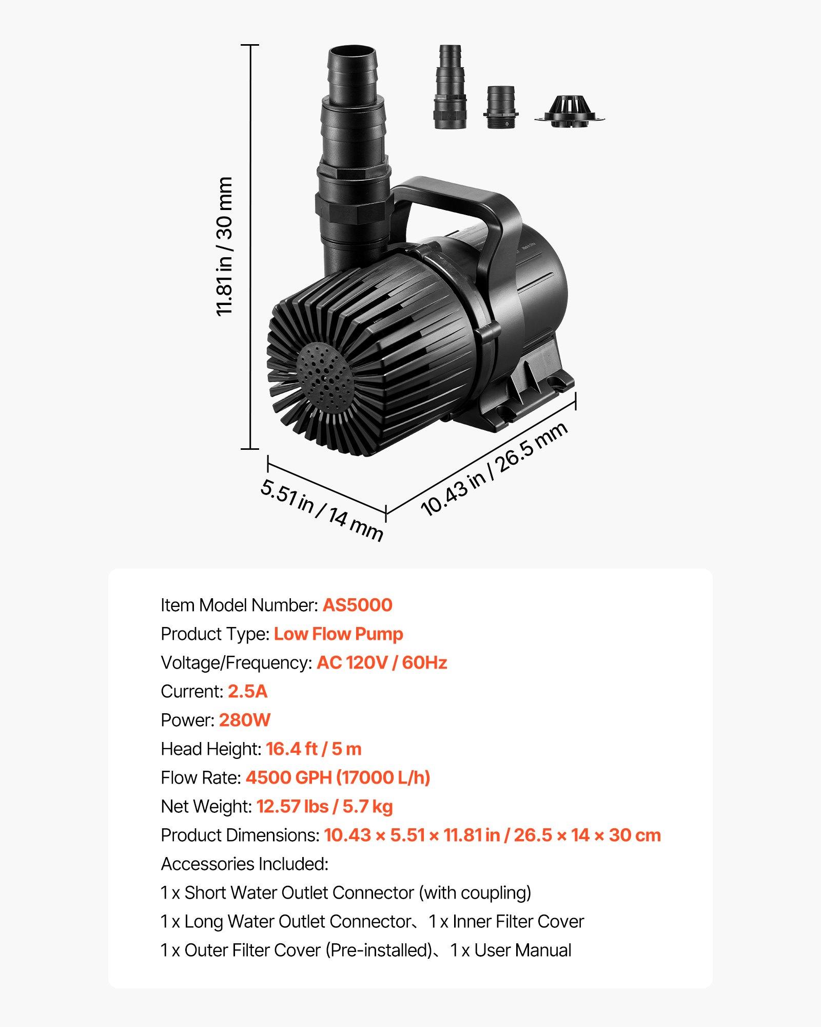 VEVOR Submersible Water Pump, 280W 4500GPH, Aquarium Return Pump with 16.4 ft Lift Height & 180° Adjustable Flow Direction, Suitable for Pond, Aquarium, Fountain, Waterfall, and Fish Tank