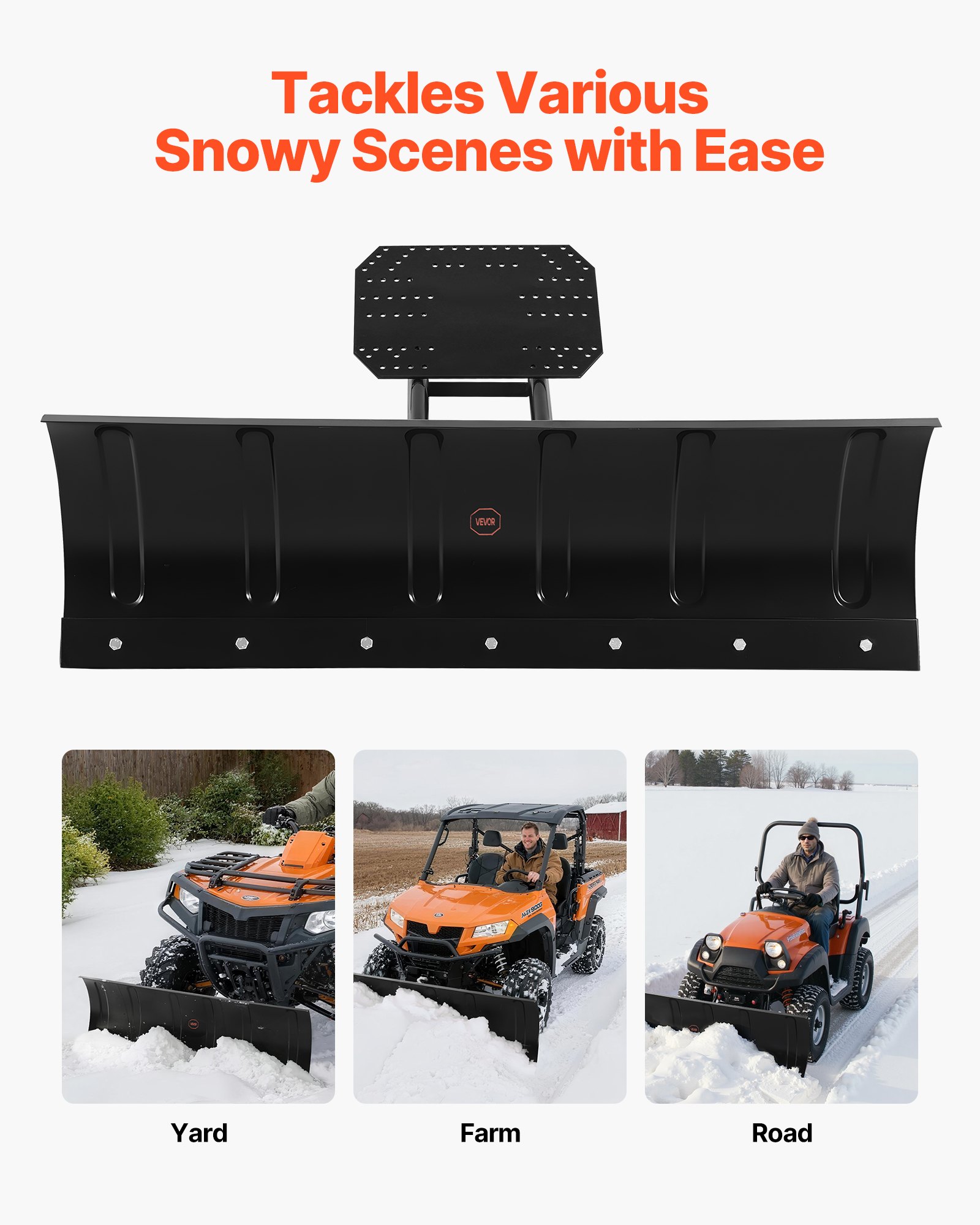 VEVOR Snow Plow Kit, 122 cm Universal Snow Plow Attachment, Height & Left-Right Adjustable, Quick To Detach, Steel ATV Scrape Blade, 3 Mount Options, Efficient Snows Clearing, for Most ATVs & UTVs