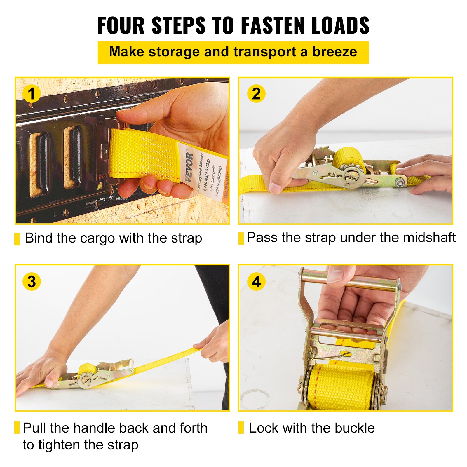 VEVOR E-Track Ratchet Strap, 8 Pack 2" x 15' E Track Straps 4400 lbs Breaking Strength, w/ Polyester Webbing & Spring Fitting & Ratchets, Durable Tie-Downs for Motorcycles, Tire, Trailer Loads