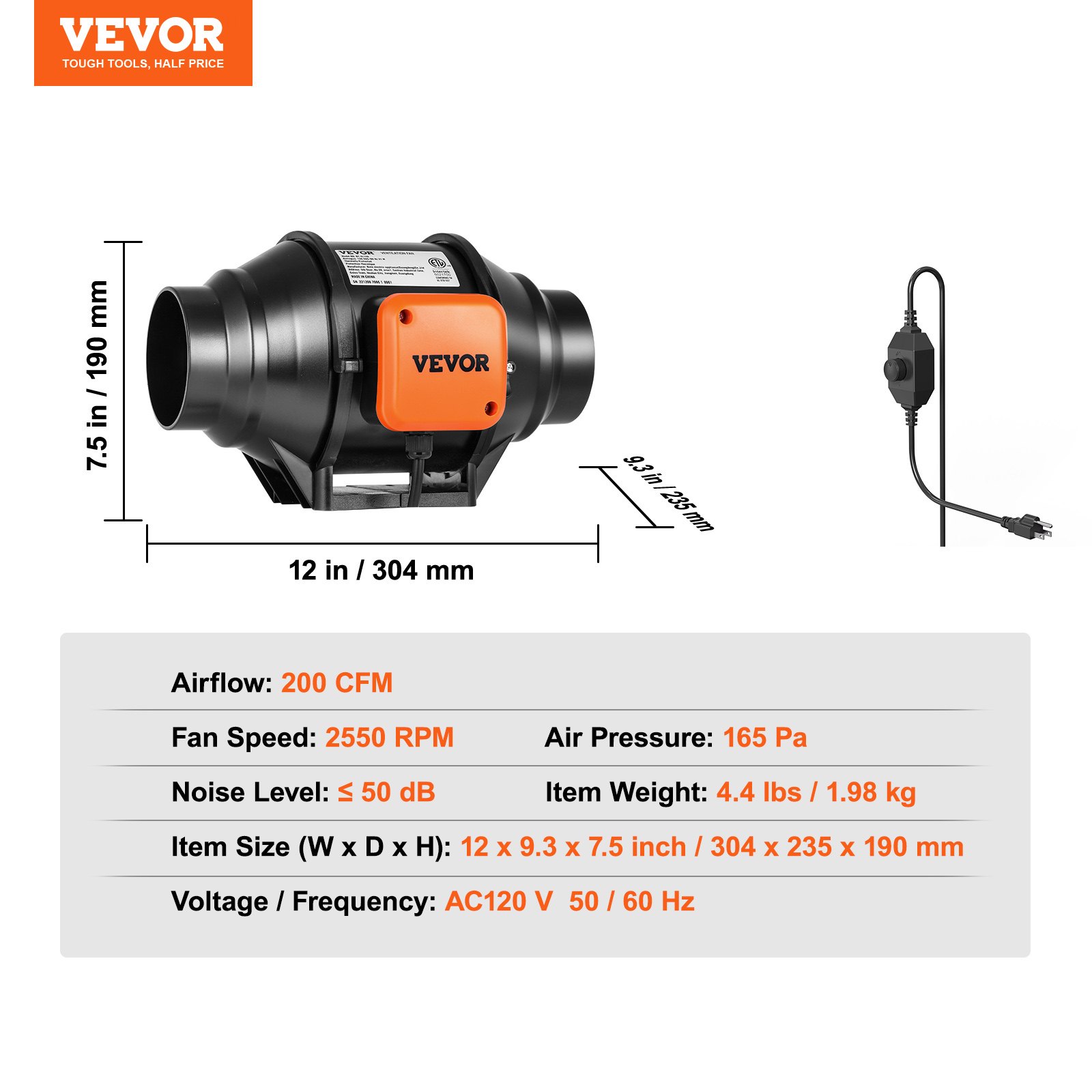 VEVOR Inline Duct Fan, 102mm 129.7 CFM with Variable Speed Controller, Quiet AC-motor Ventilation Exhaust Fan for Cooling Booster, Grow Tents, Hydroponics