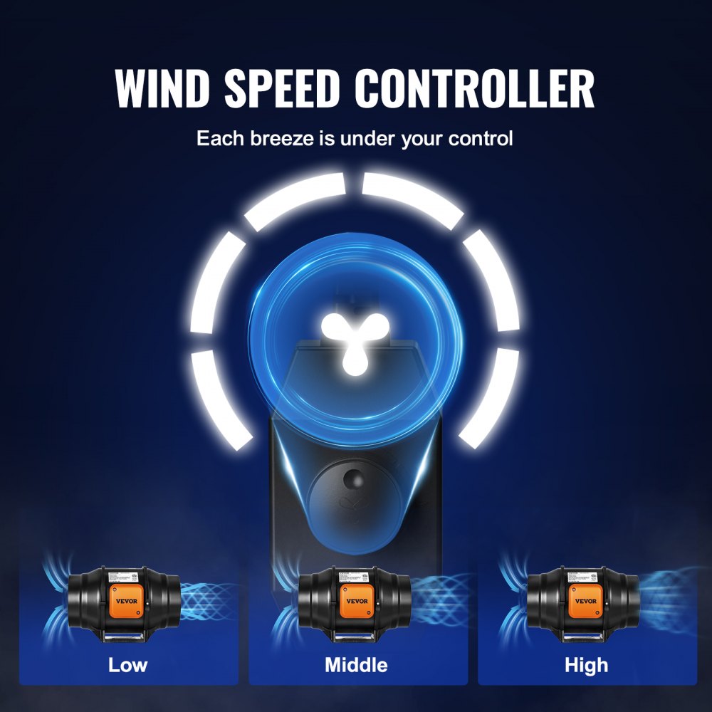 VEVOR Inline Duct Fan, 152.4mm 323.7 CFM with Variable Speed Controller, Quiet AC-motor Ventilation Exhaust Fan for Cooling Booster, Grow Tents, Hydroponics