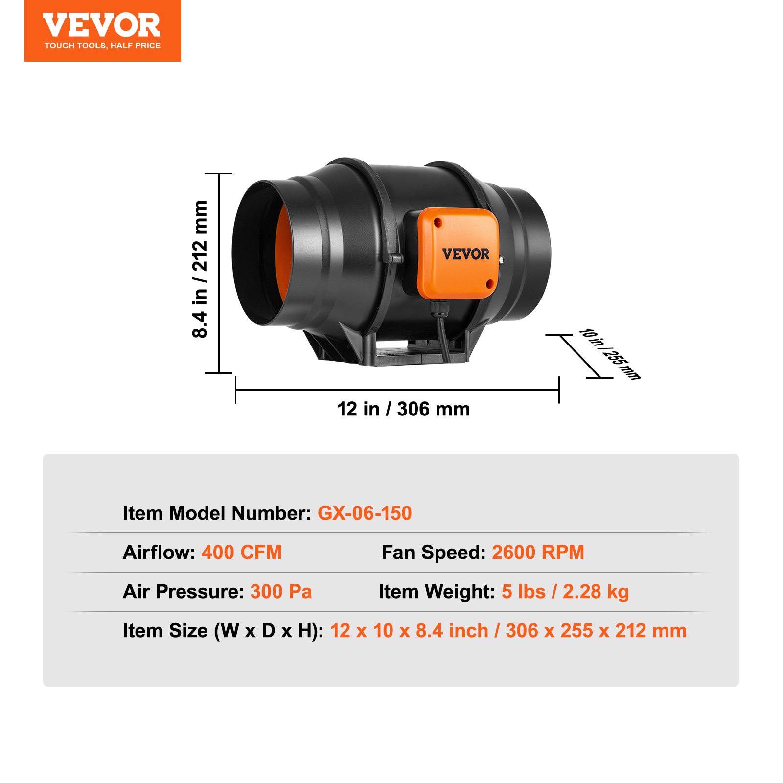 VEVOR Inline Duct Fan, 152.4mm 323.7 CFM with Variable Speed Controller, Quiet AC-motor Ventilation Exhaust Fan for Cooling Booster, Grow Tents, Hydroponics