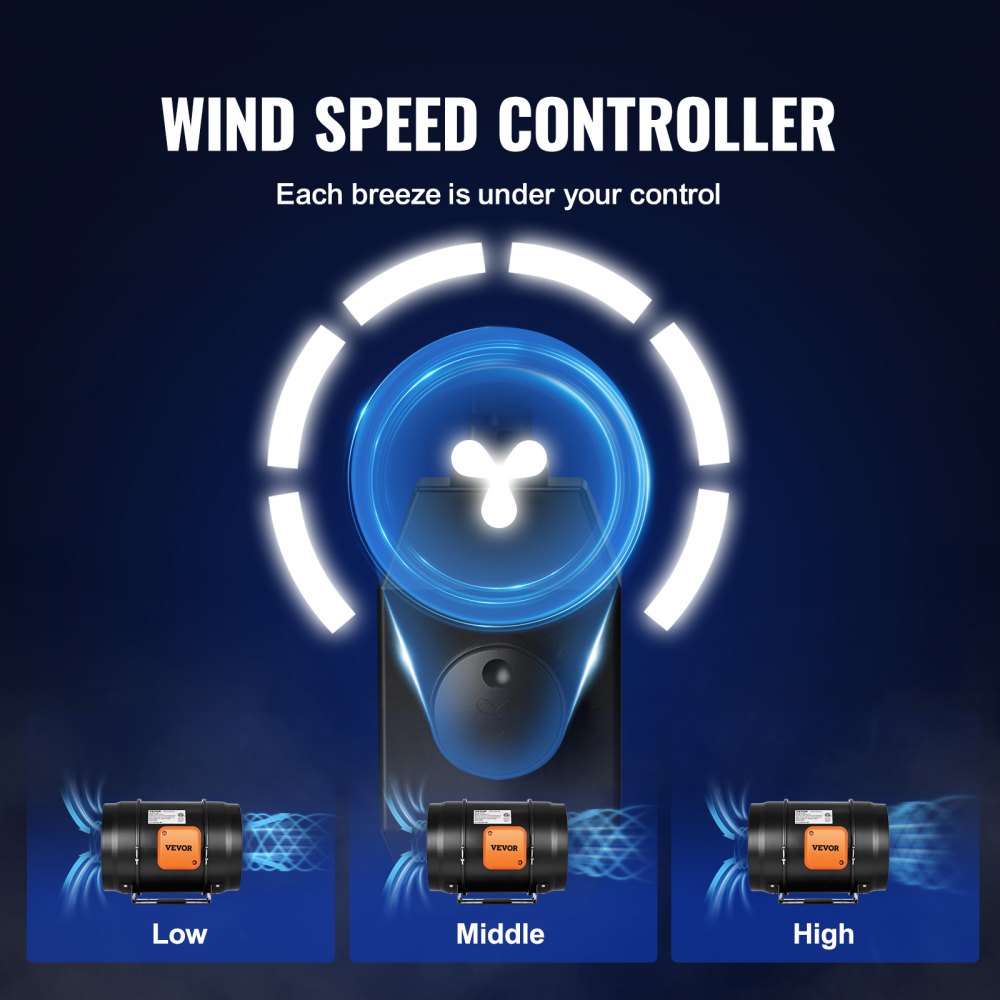 VEVOR Inline Duct Fan, 203.2mm 506.2 CFM with Variable Speed Controller, Quiet AC-motor Ventilation Exhaust Fan for Cooling Booster, Grow Tents, Hydroponics