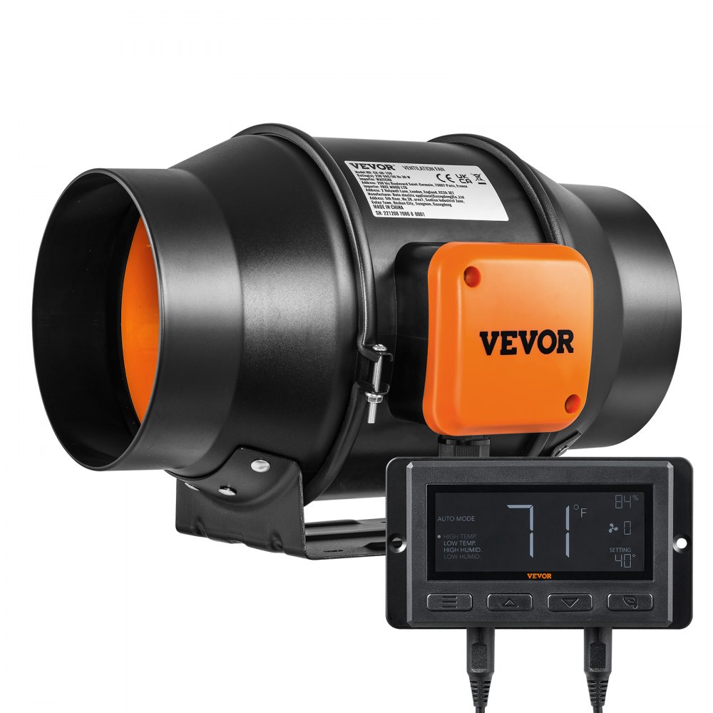 VEVOR inline duct fan with orange control box and black housing for effective air ventilation.